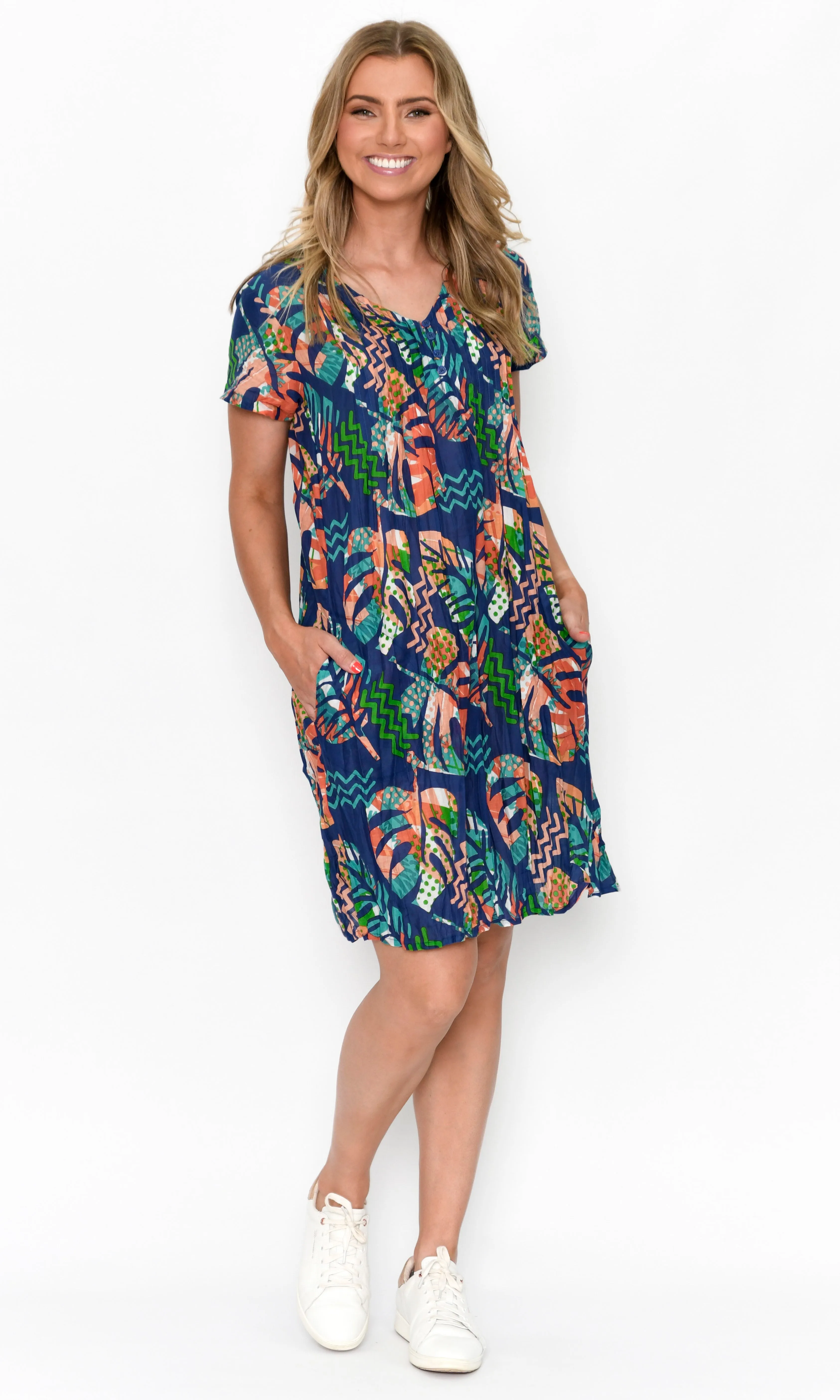 Cap Sleeve V Neck Button Dress sold by Revolution Boutique