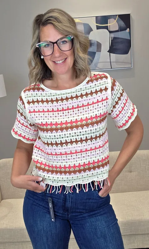 Sunset Stripes Crochet Sweater sold by Revolution Boutique