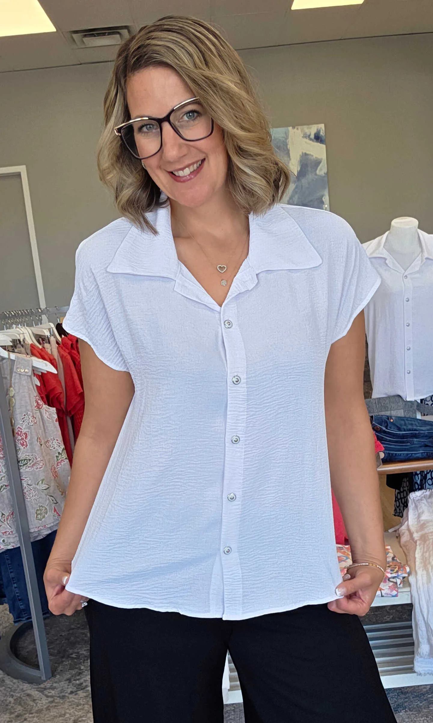 Button Down Crinkle Blouse sold by Revolution Boutique