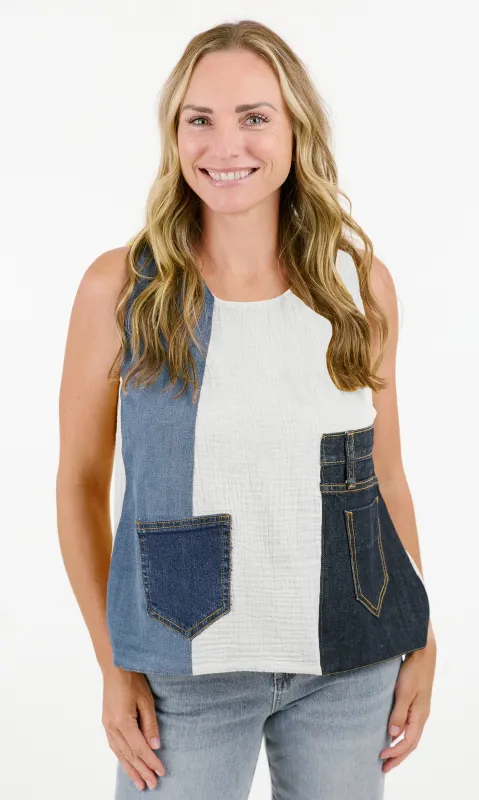 Denim Patchwork Top sold by Revolution Boutique