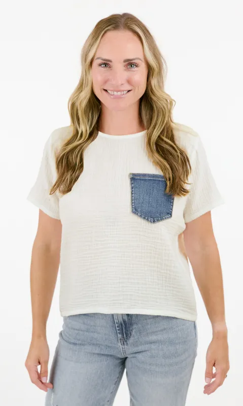 Cotton Gauze Denim Pocket Tee sold by Revolution Boutique