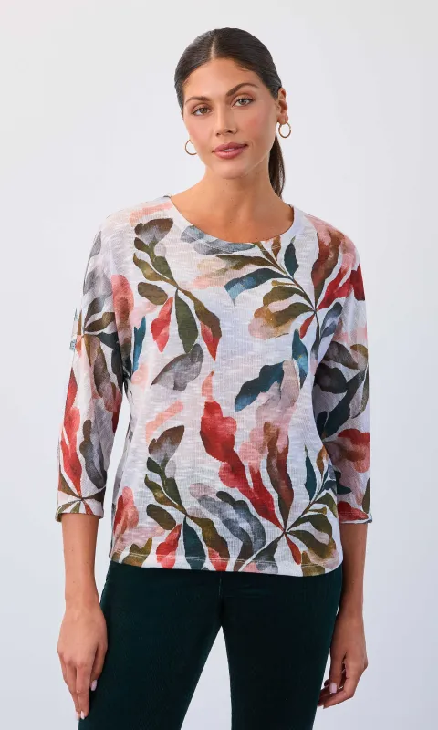 Leaf-Print Loose Weave Top sold by Revolution Boutique