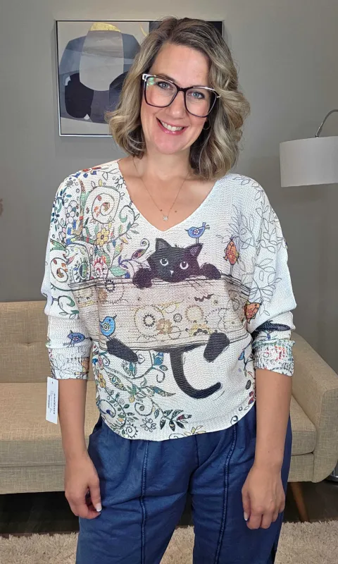 Whimsy Cat Knit Top sold by Revolution Boutique