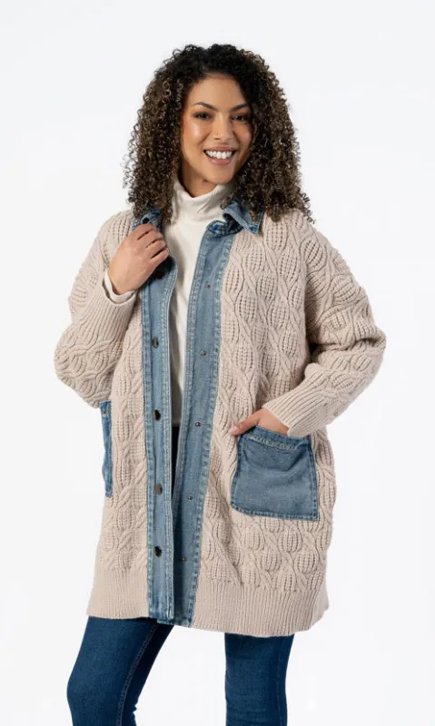 Denim Detail Cable-Knit Coatigan sold by Revolution Boutique