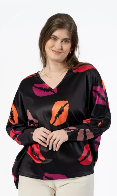 Kiss Print Satin-Feel Blouse sold by Revolution Boutique