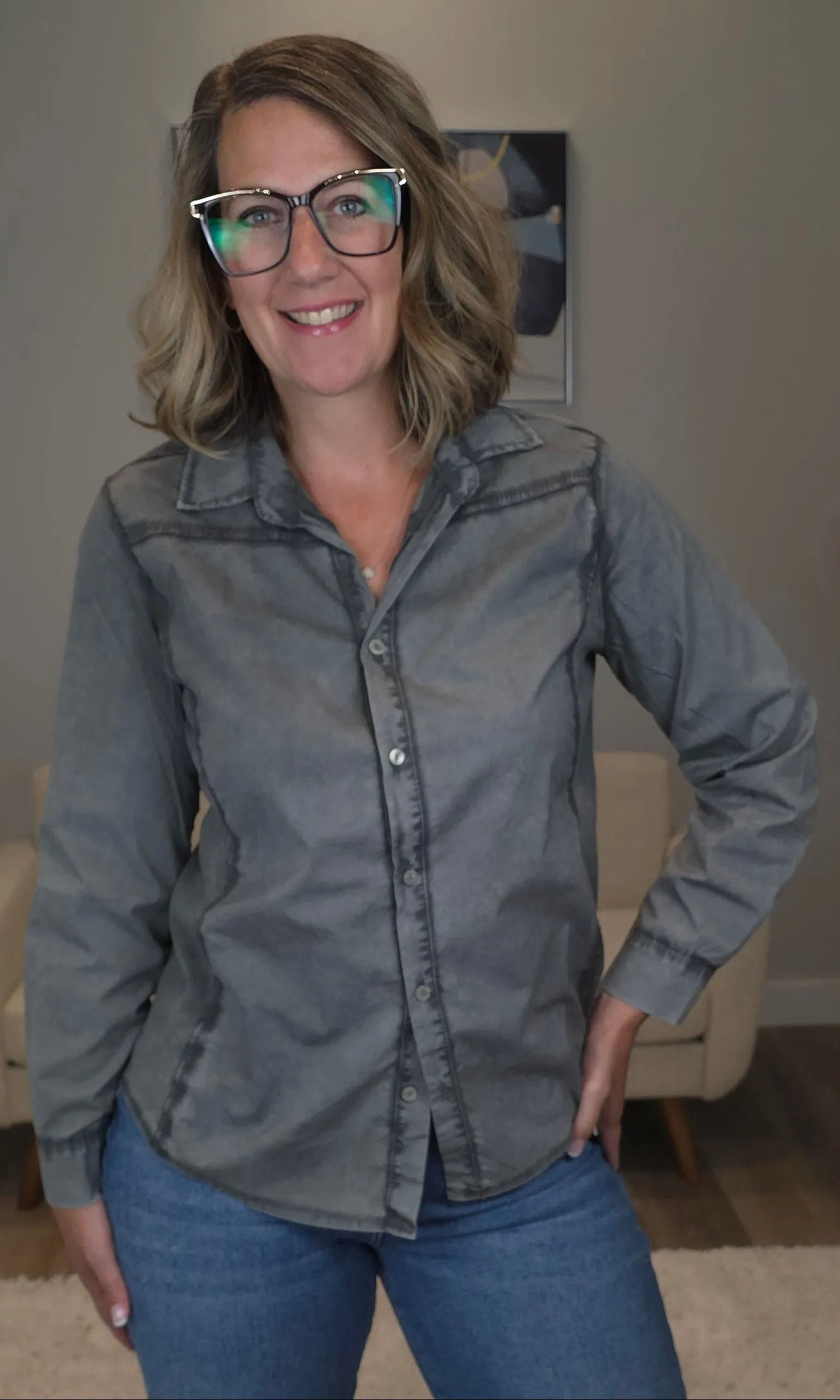 Button Front Washed Grey Shirt sold by Revolution Boutique