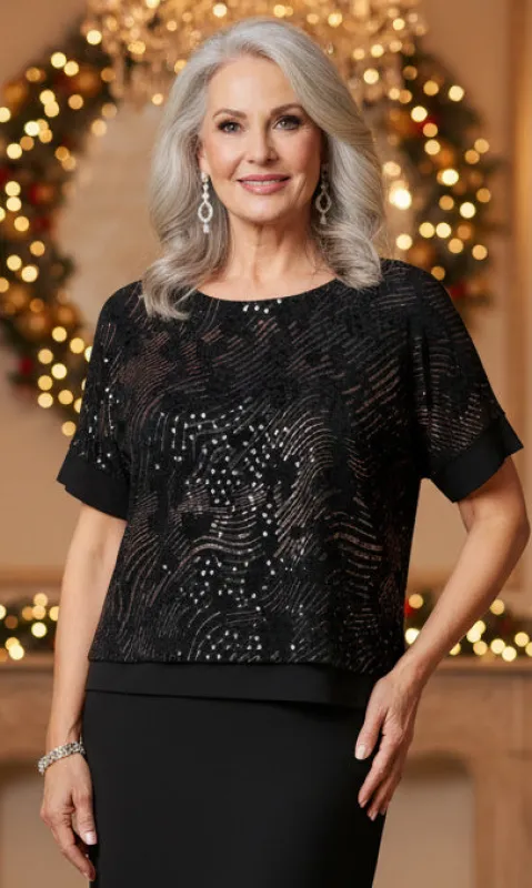 Sequined Chiffon Overlay Top sold by Revolution Boutique