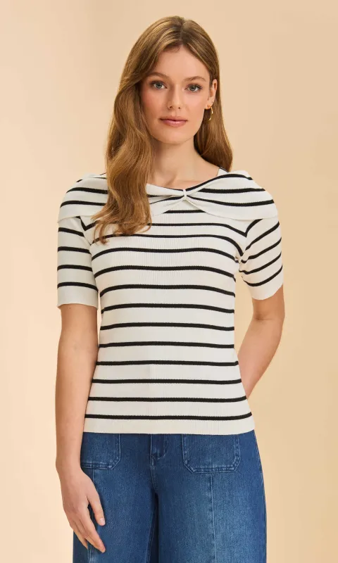Striped Knit Short Sleeve Bow Neck Top made by Revolution Boutique