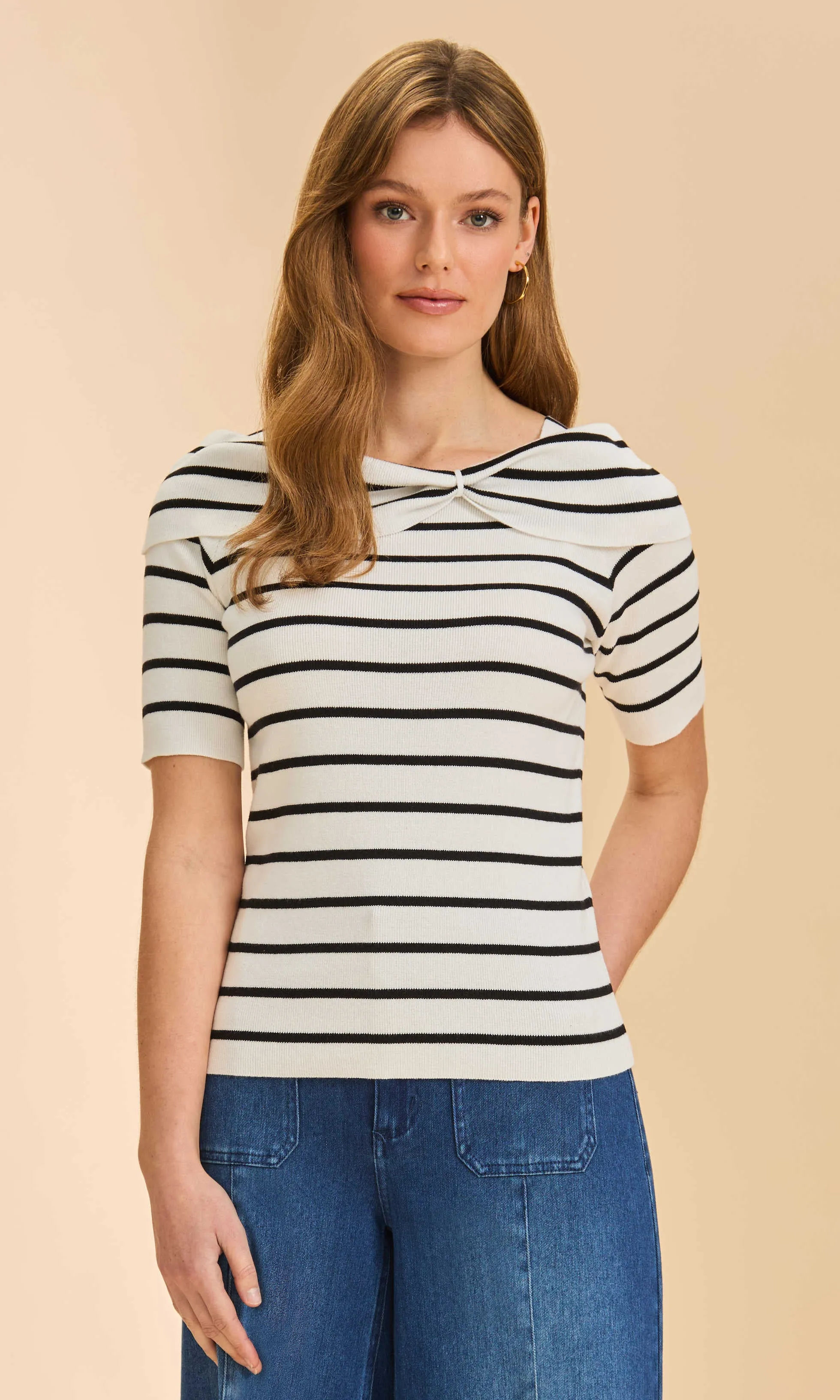 Striped Knit Short Sleeve Bow Neck Top sold by Revolution Boutique