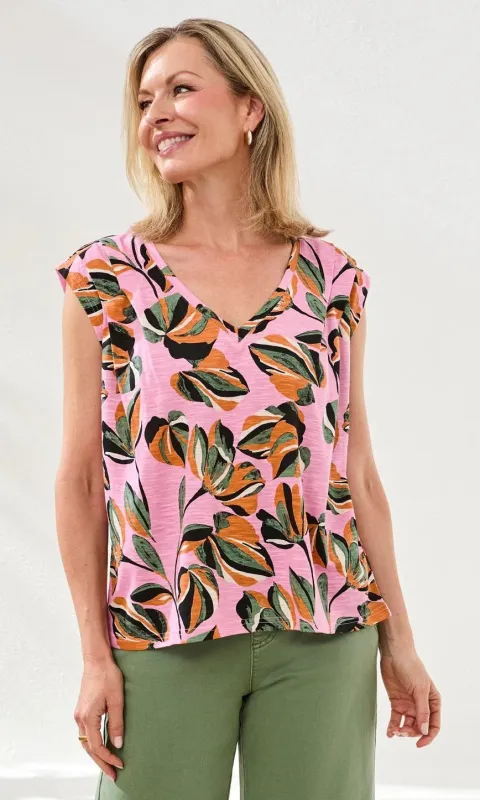 Abstract Leaf Print V-Neck Cap Sleeve Top made by Tribal