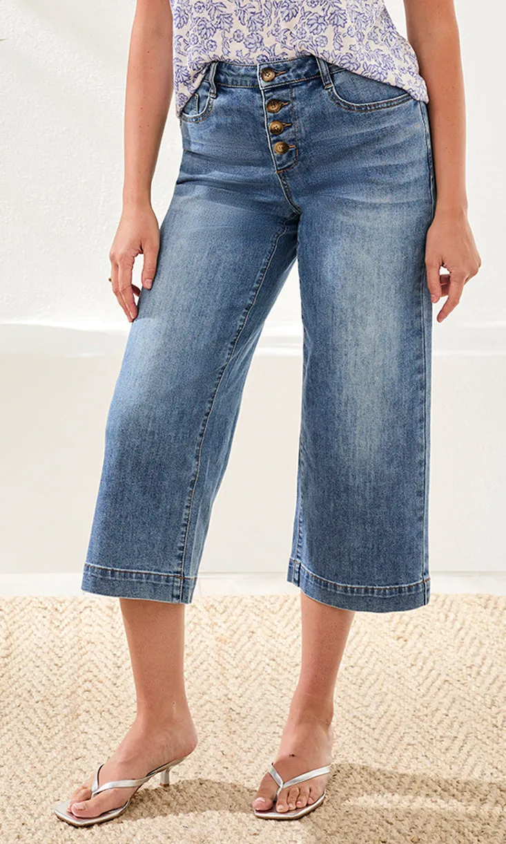 Button-Front Wide Leg Cropped Denim Jean sold by Revolution Boutique