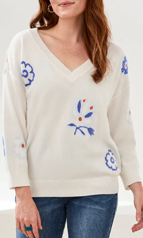 Floral Intarsia V-Neck Knit Sweater made by Tribal