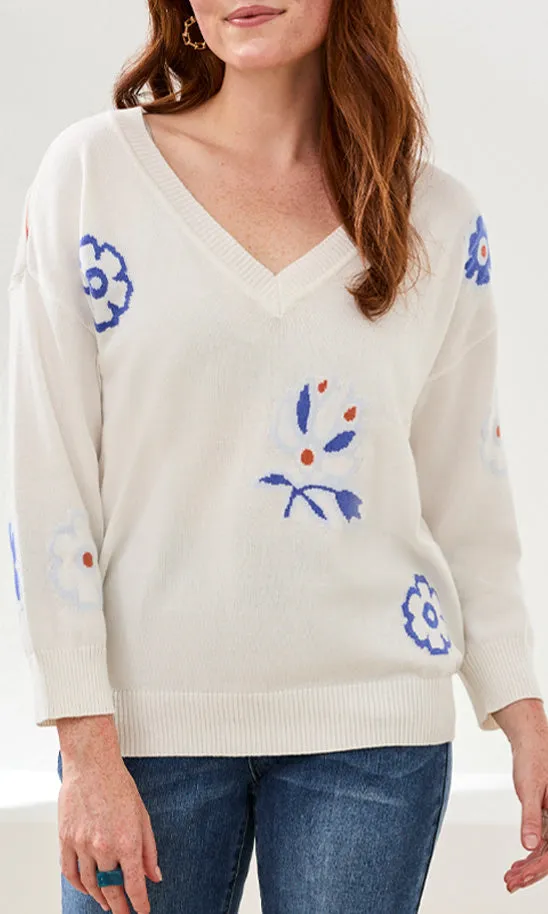 Floral Intarsia V-Neck Knit Sweater sold by Revolution Boutique