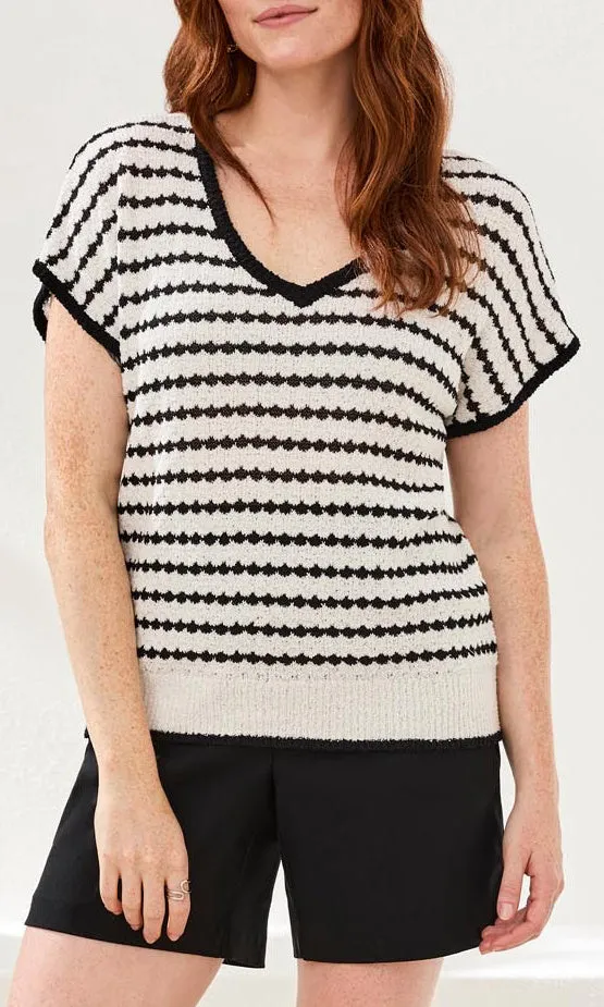 Textured Stripe V-Neck Short Sleeve Knit Top sold by Revolution Boutique