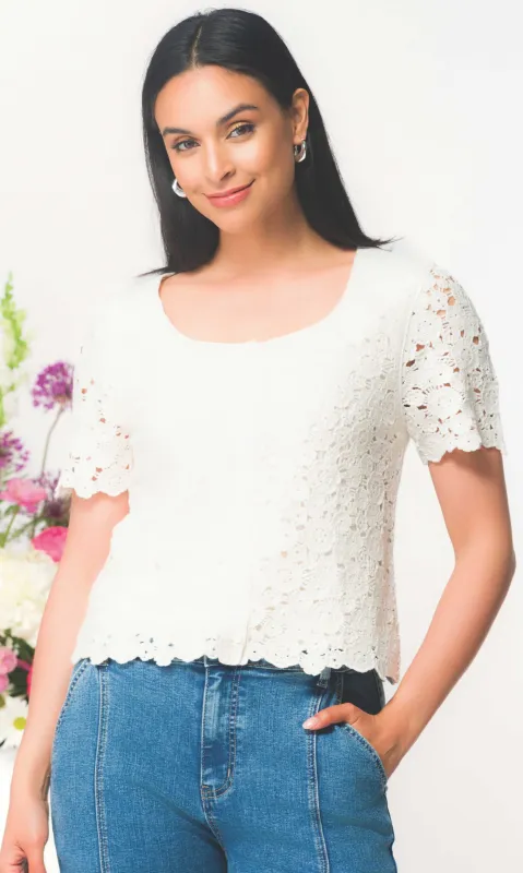 Lace Panel Short Sleeve Knit Top made by Elena Wang