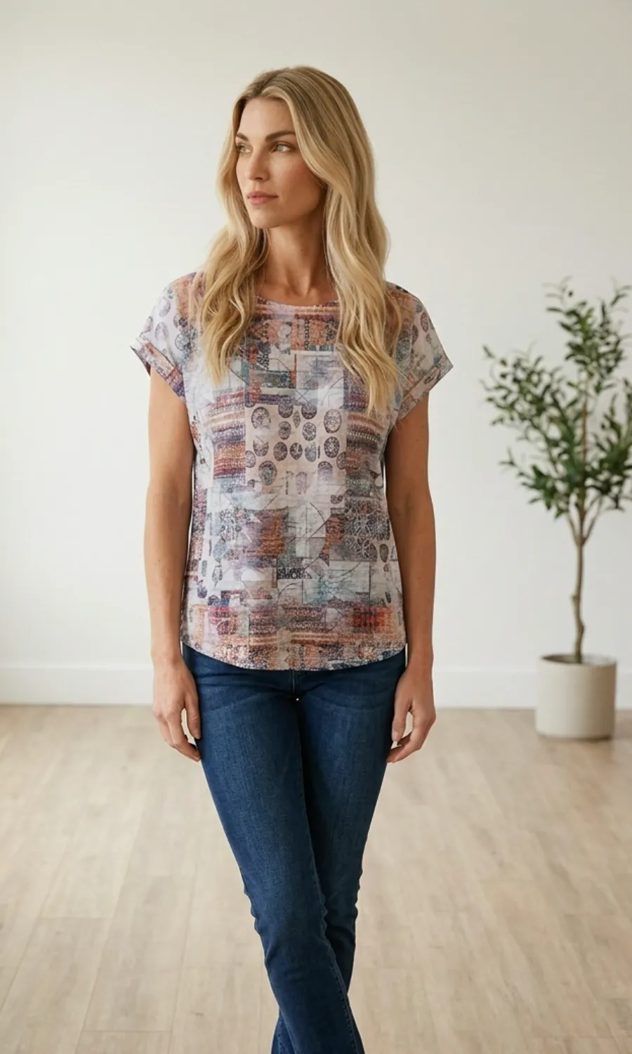 Abstract Patchwork Print Top with Cap Sleeves sold by Revolution Boutique product image thumbnail 2
