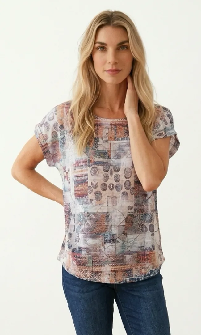 Abstract Patchwork Print Top with Cap Sleeves sold by Revolution Boutique