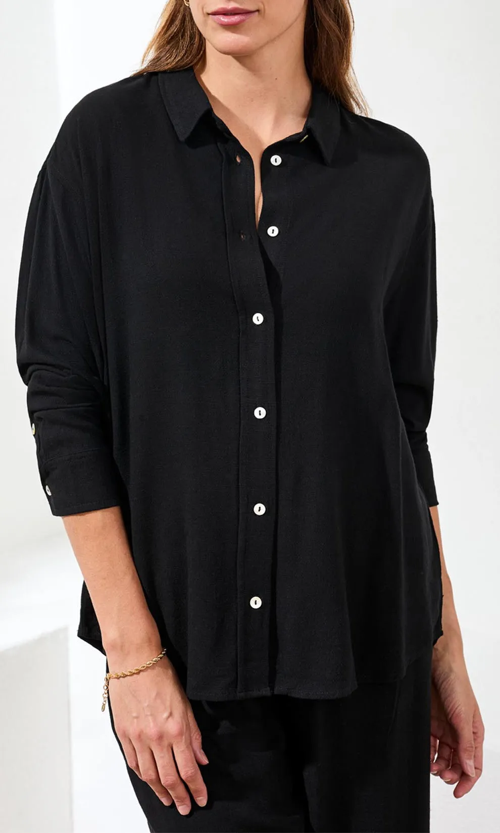 Relaxed Button-Front Long Sleeve Blouse with Soft Drape sold by Revolution Boutique