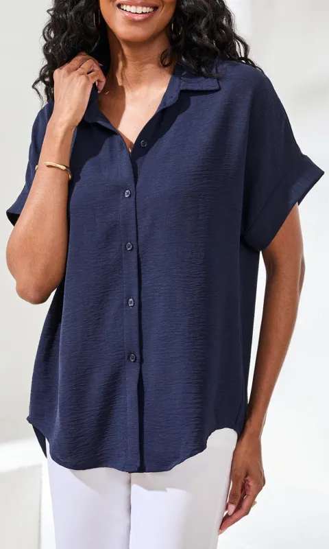 Relaxed Button-Front Short Sleeve Blouse with Collar made by Tribal