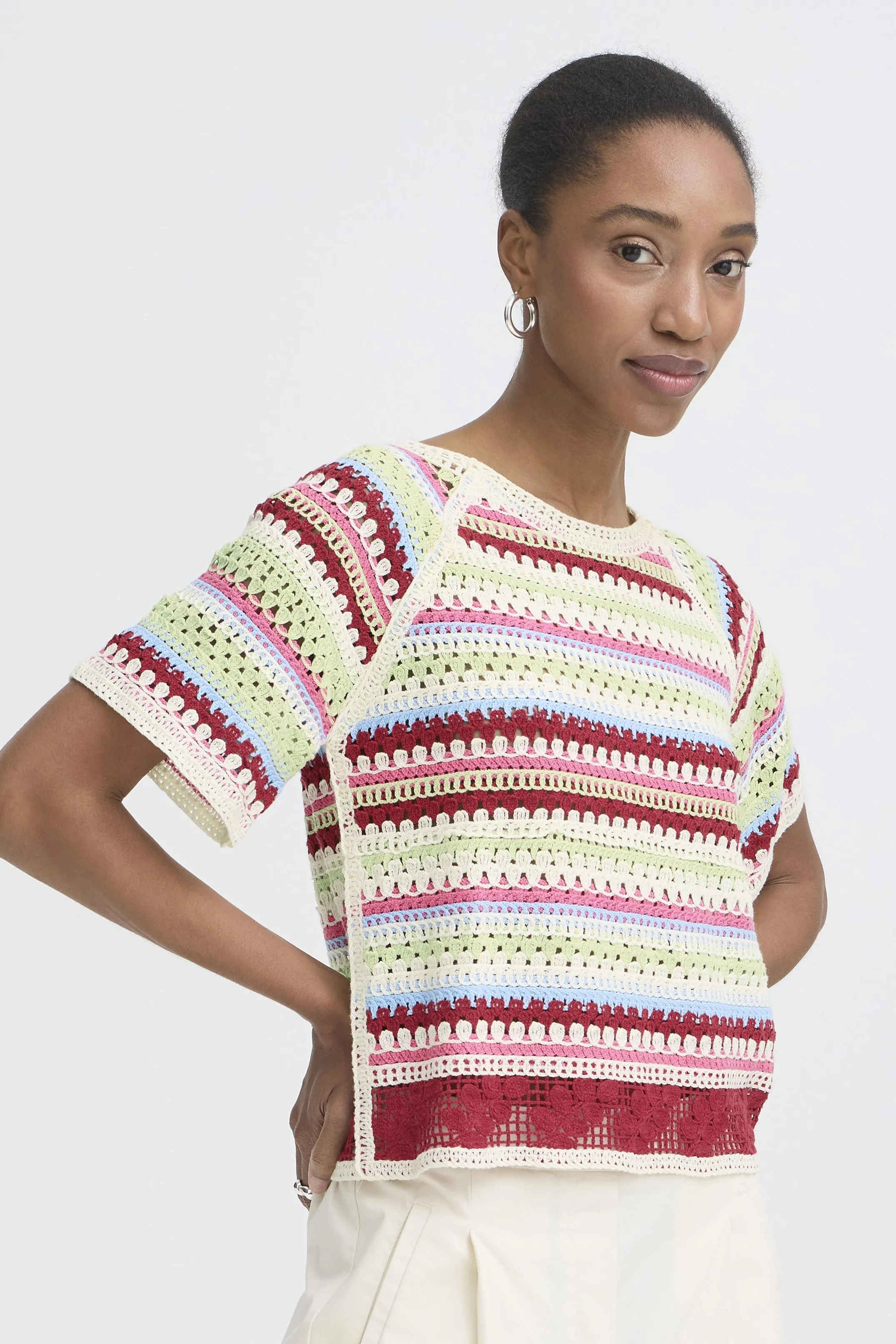 Short Sleeve Crochet Stripe Knit Top sold by Revolution Boutique