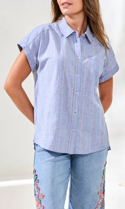 Cotton Blend Striped Short Sleeve Button-Up Shirt made by Tribal