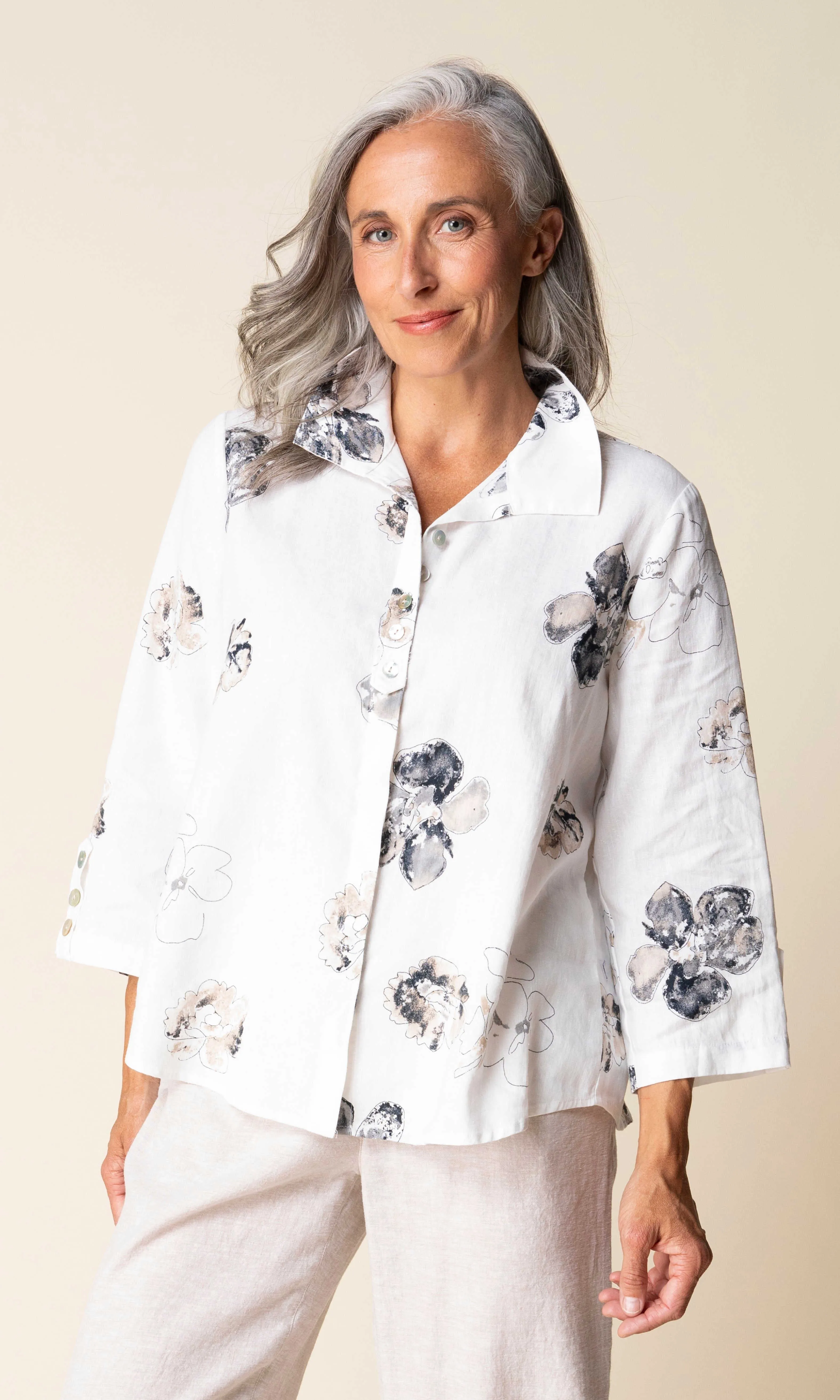Linen Floral Button-Front Blouse sold by Revolution Boutique