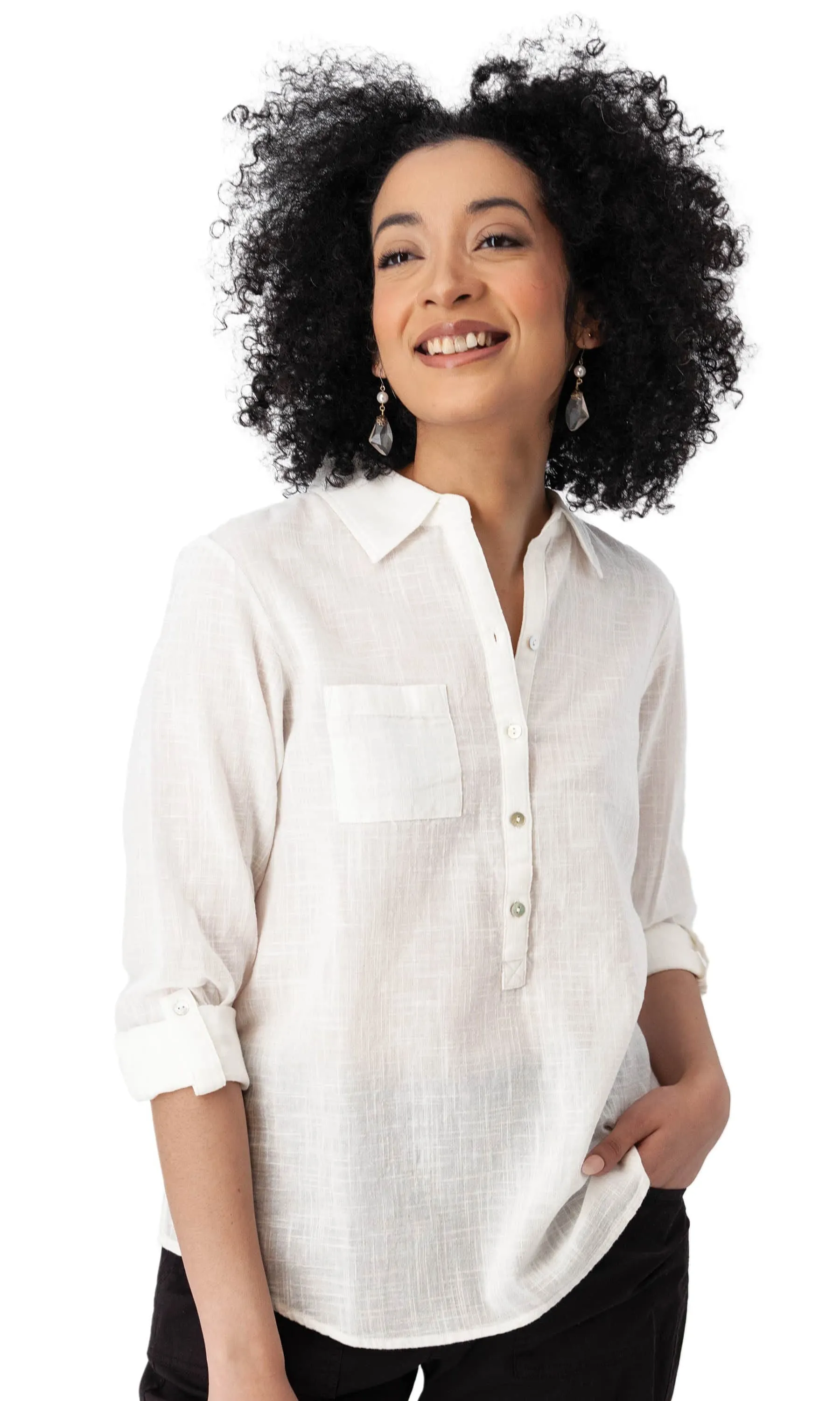 Organic Cotton Button-Front Roll Sleeve Blouse sold by Revolution Boutique