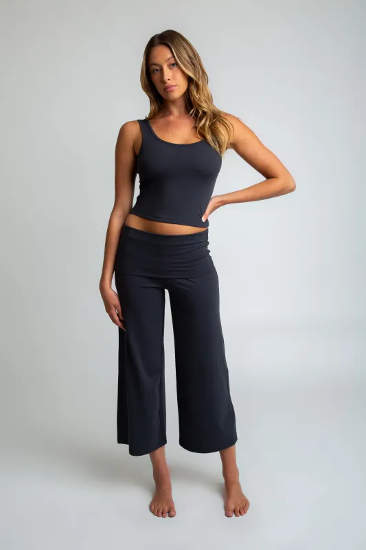 Luxe Fold Over Cropped Wide Leg Set - Charcoal sold by Rewash