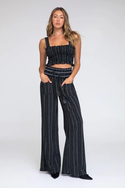 Smocked Top and Boardwalk Pant Linen Set - Black/White sold by Rewash