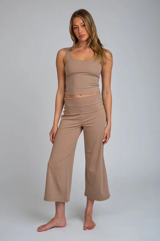 Luxe Fold Over Cropped Wide Leg Set - Taupe Brown sold by Rewash