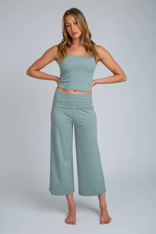 Luxe Fold Over Cropped Wide Leg Set - Light Olive sold by Rewash