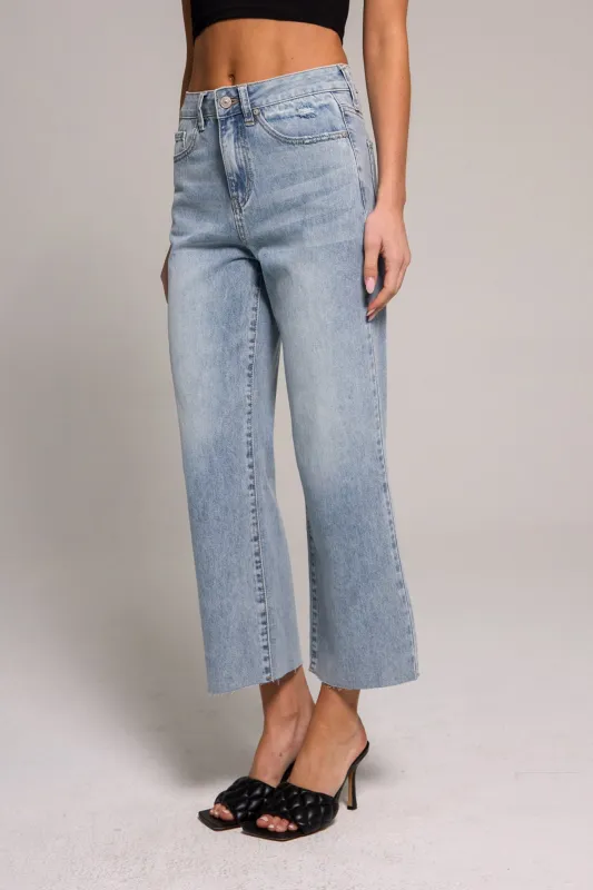 High Rise Wide Leg Cropped Jeans - Light Blue sold by Rewash