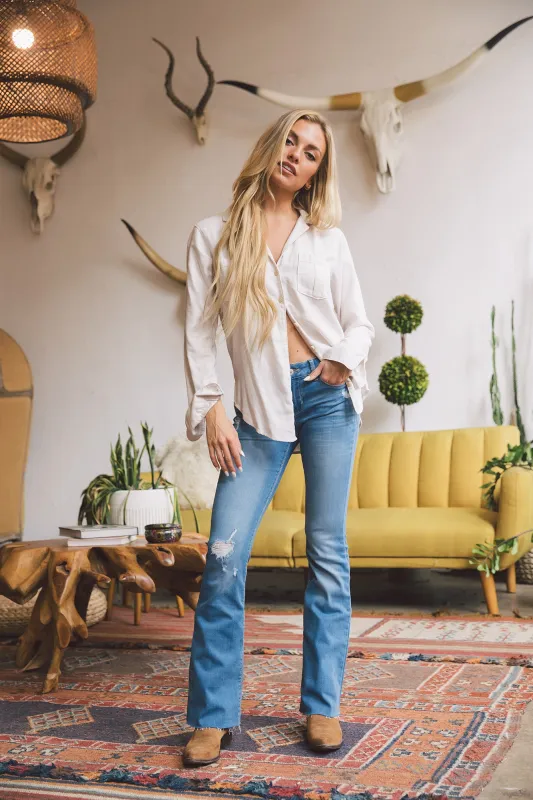 Low Rise Boot Cut Jeans - Retro Blue sold by Rewash