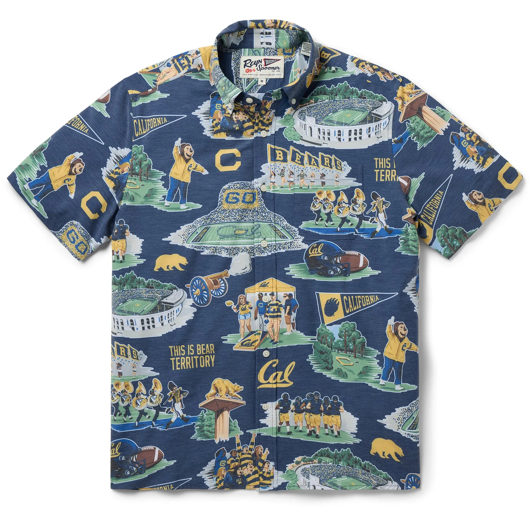 UNIVERSITY OF CALIFORNIA BERKELEY SCENIC PERFORMANCE BUTTON FRONT sold by Reyn Spooner