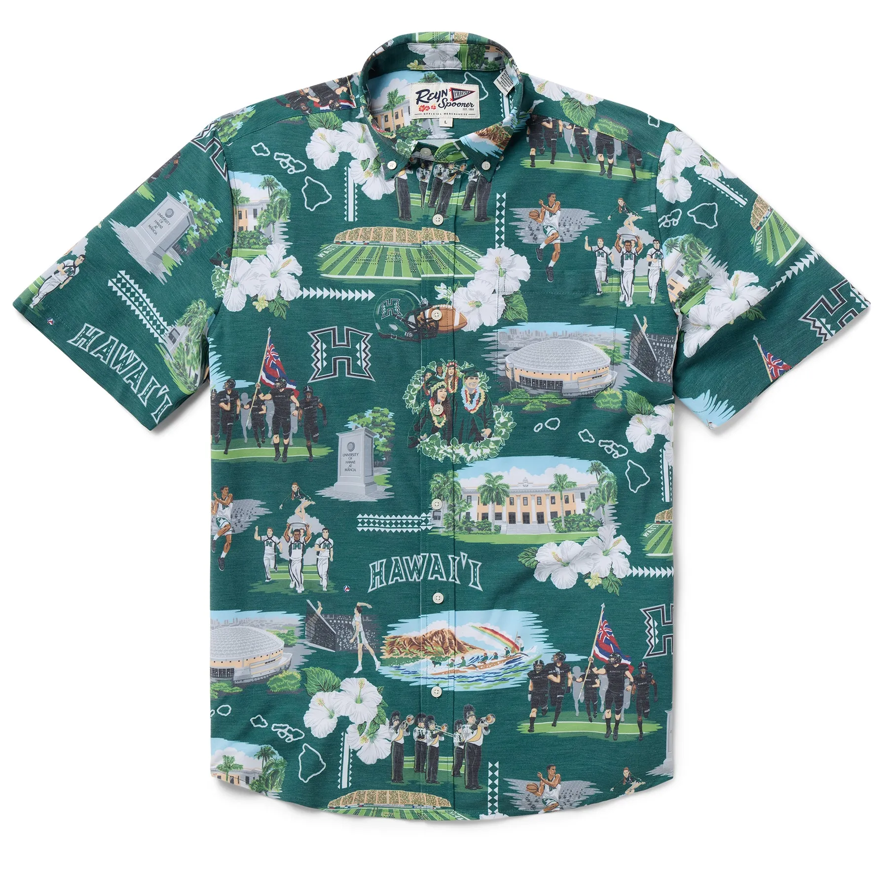 UNIVERSITY OF HAWAI'I SCENIC PERFORMANCE BUTTON FRONT sold by Reyn Spooner