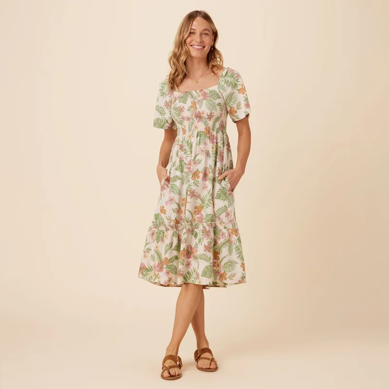HANALEI GARDENS SMOCKED MIDI DRESS sold by Reyn Spooner