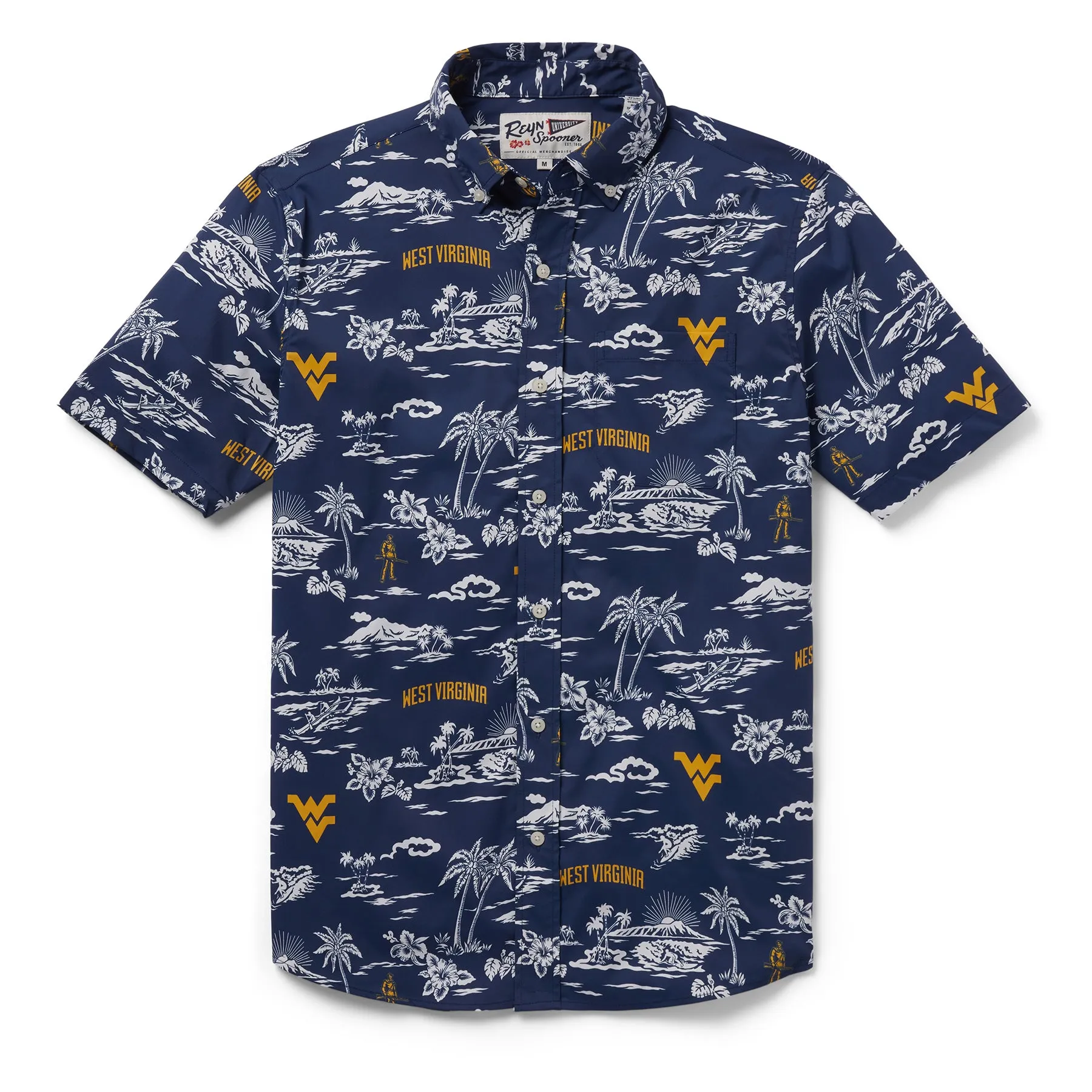 WEST VIRGINIA UNIVERSITY KEKAI PERFORMANCE BUTTON FRONT sold by Reyn Spooner