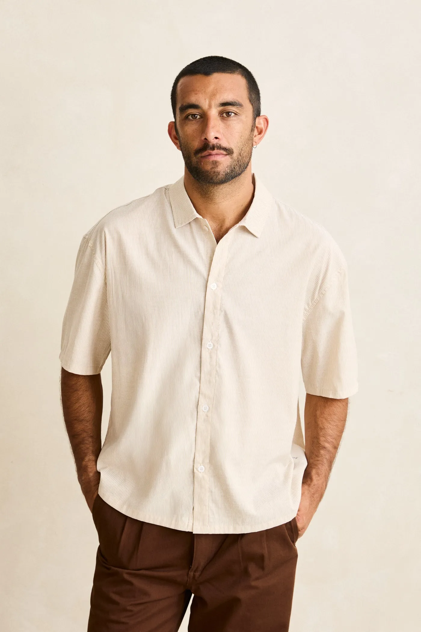 Essential Linen Stripe Ss Shirt Natural sold by Rhythm. product image thumbnail 3