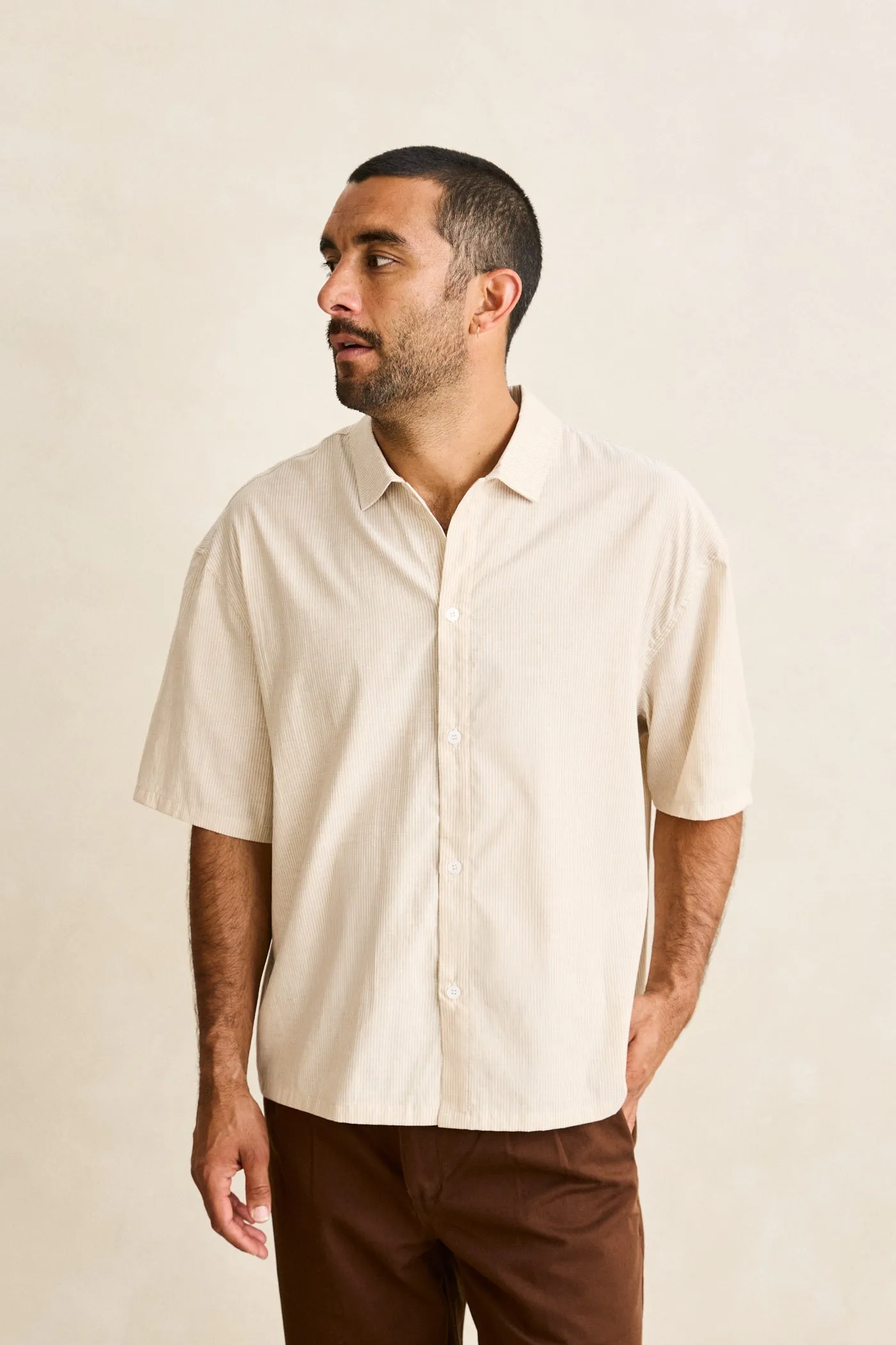 Essential Linen Stripe Ss Shirt Natural sold by Rhythm. product image thumbnail 2