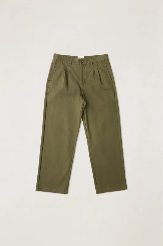 Essential Pleated Twill Trouser Olive sold by Rhythm.
