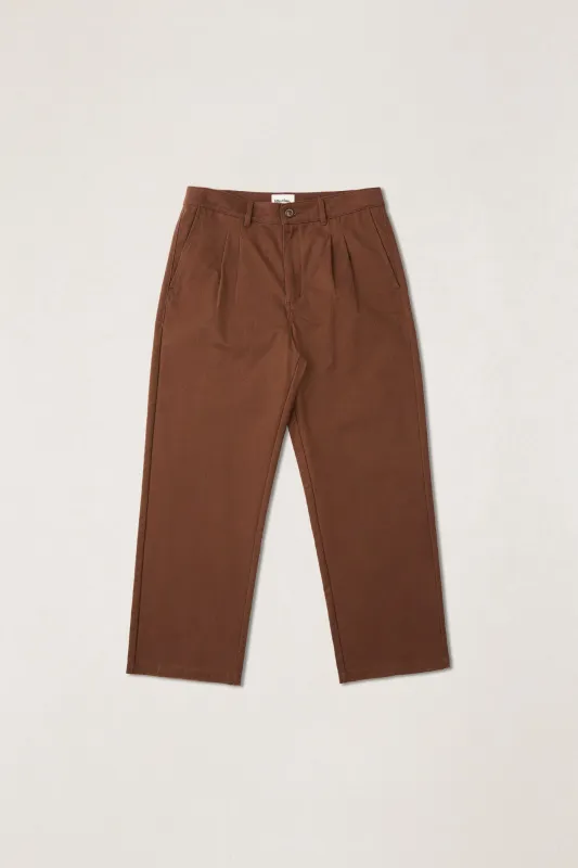 Essential Pleated Twill Trouser Chocolate sold by Rhythm.