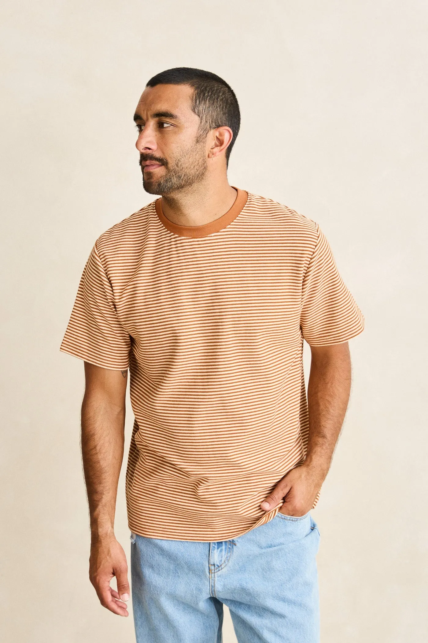 Essential Stripe Ss T-Shirt Tobacco sold by Rhythm. product image thumbnail 2
