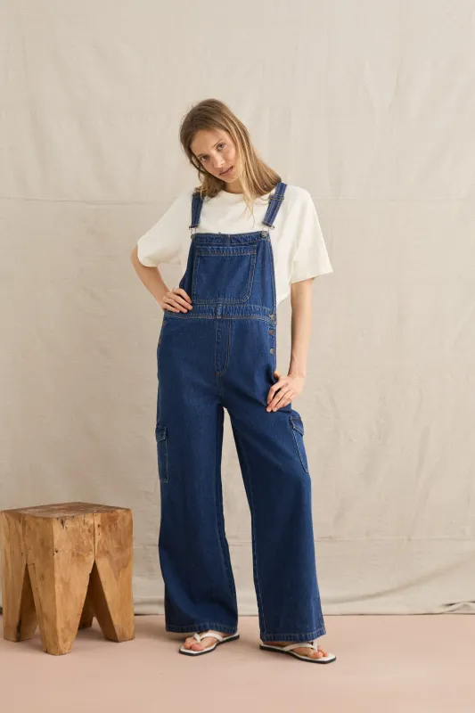 Charlie Wide Leg Cargo Overall Dark Denim sold by Rhythm.