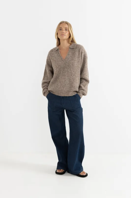 Quinn V-Neck Collared Jumper Oatmeal sold by Rhythm.