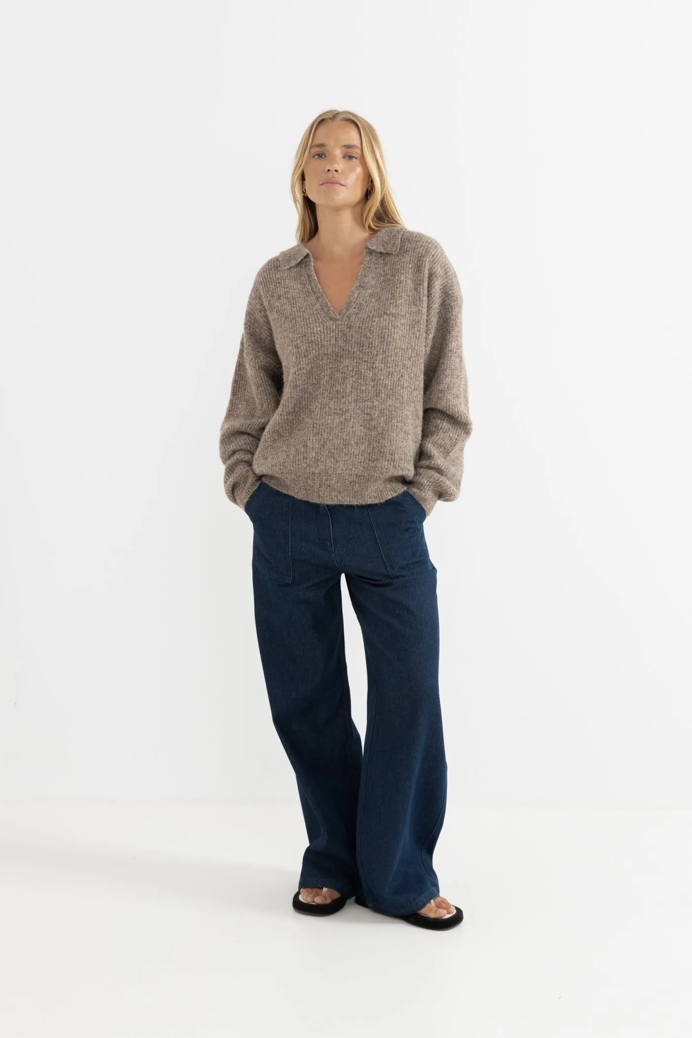 Quinn V-Neck Collared Jumper Oatmeal sold by Rhythm.