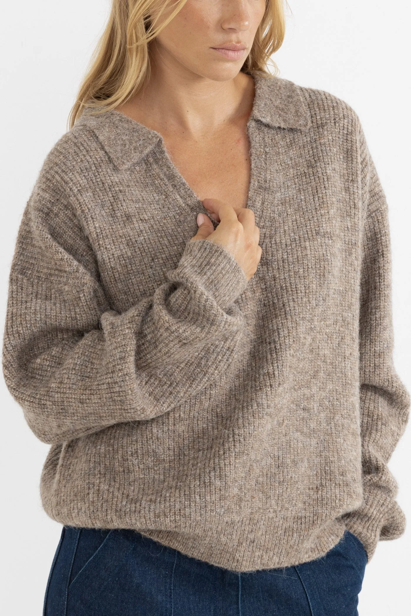 Quinn V-Neck Collared Jumper Oatmeal sold by Rhythm. product image thumbnail 2