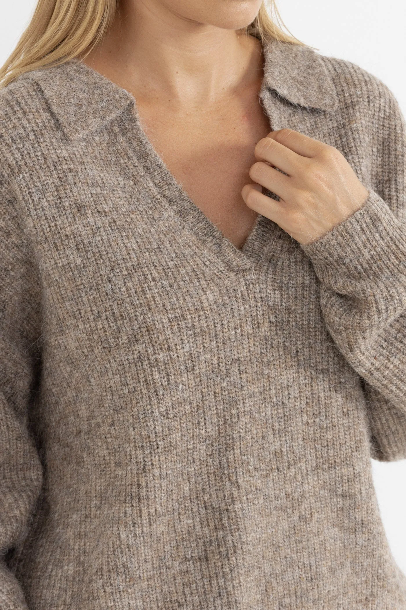 Quinn V-Neck Collared Jumper Oatmeal sold by Rhythm. product image thumbnail 3