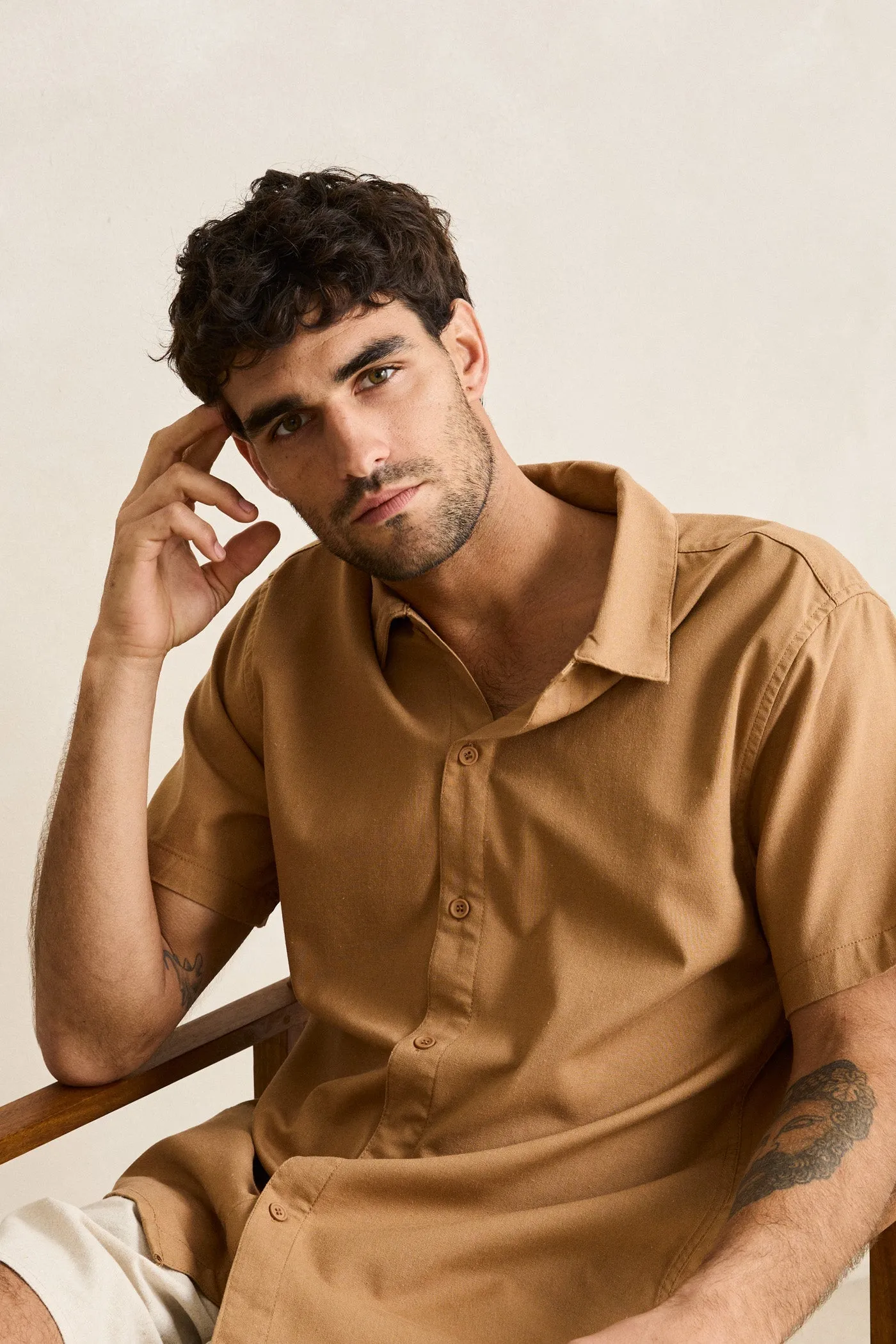 Classic Linen Ss Shirt Ochre sold by Rhythm. product image thumbnail 3
