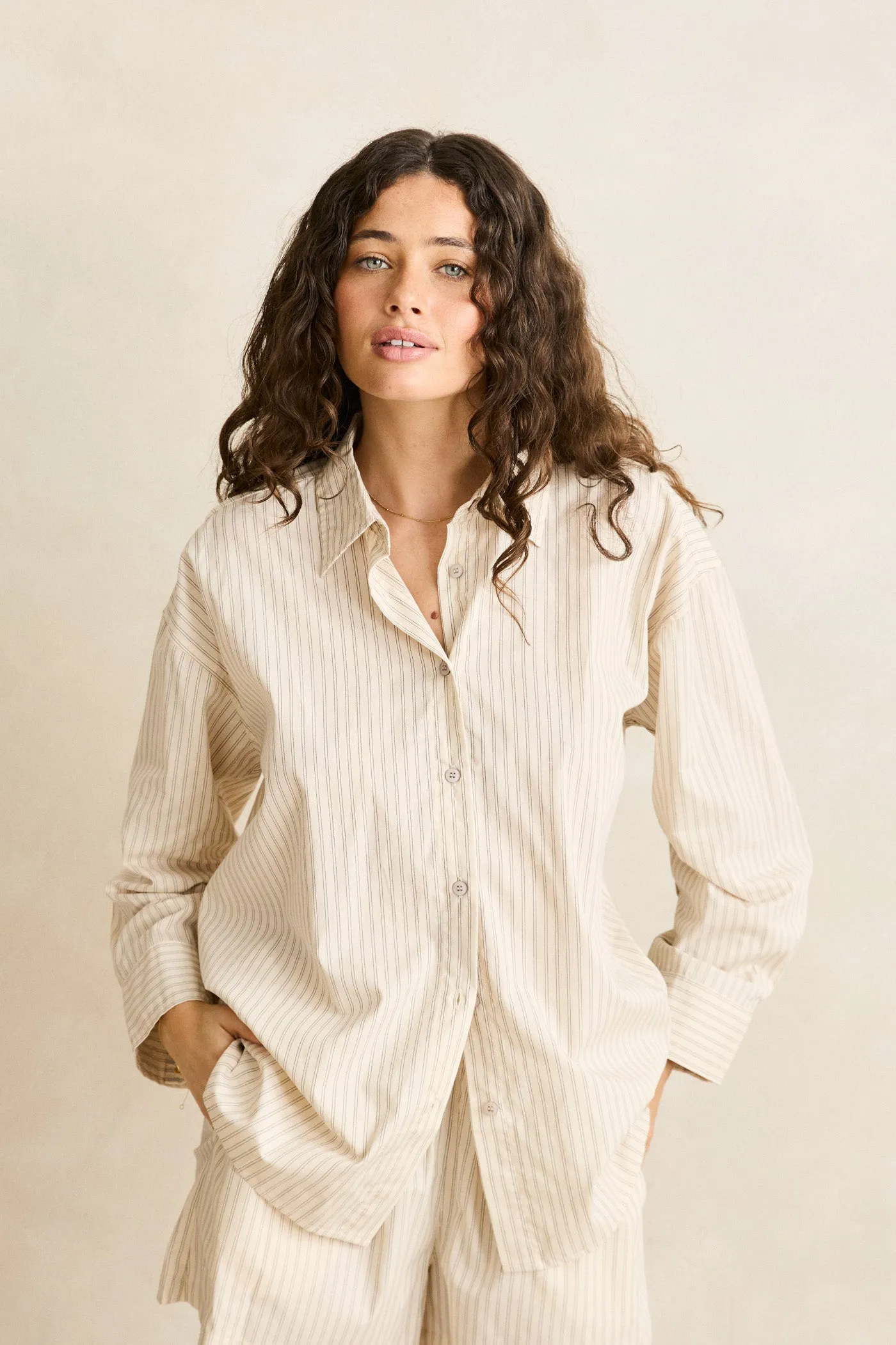 Cove Stripe Oversized Ls Beach Shirt Oat sold by Rhythm. product image thumbnail 5