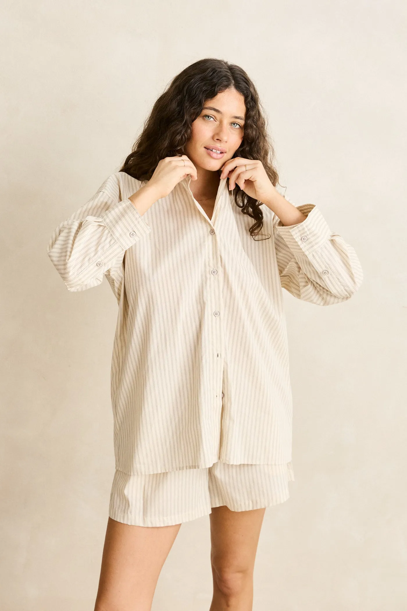 Cove Stripe Oversized Ls Beach Shirt Oat sold by Rhythm. product image thumbnail 2